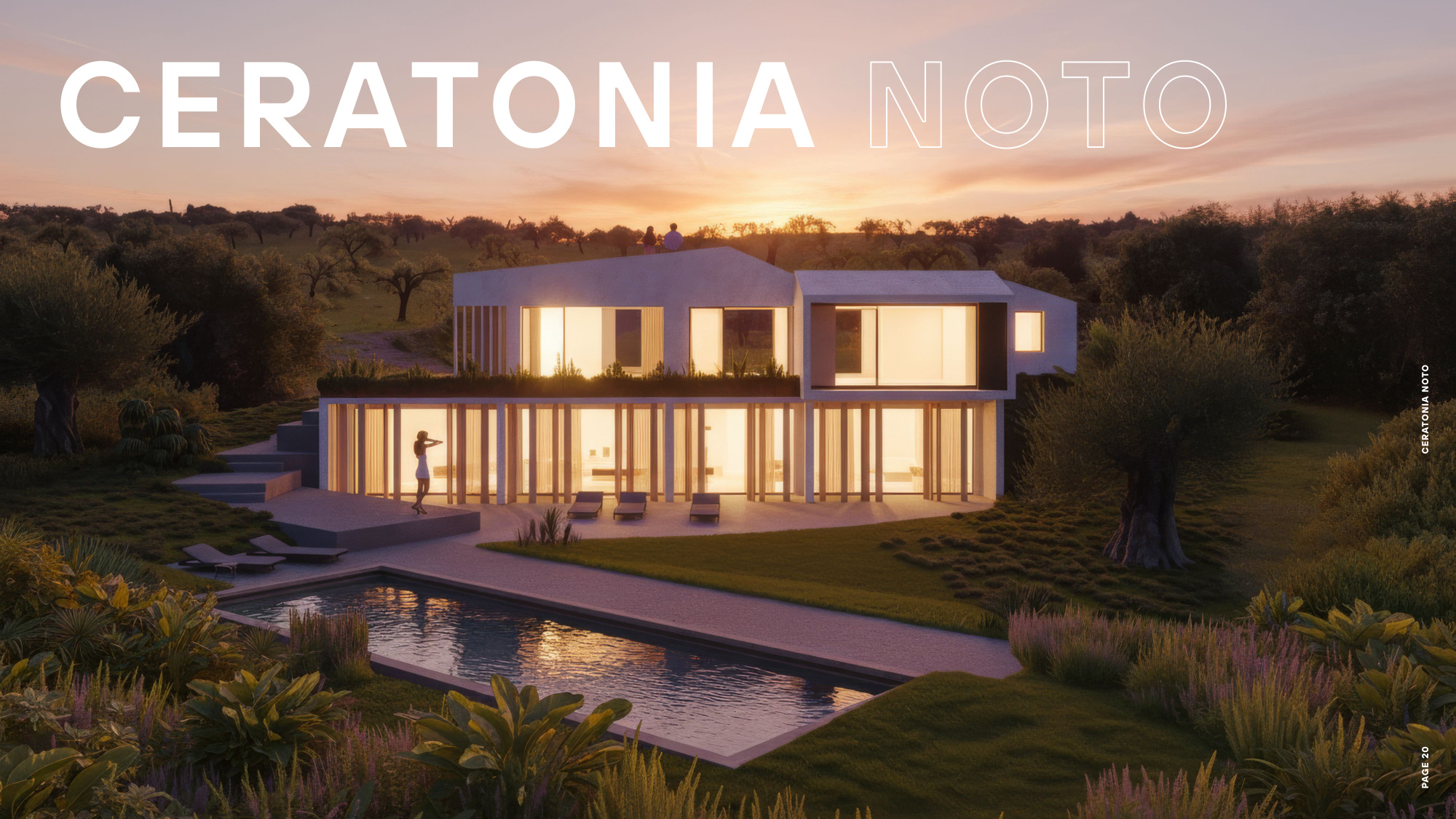 Ceratonia Noto — sunset rendering